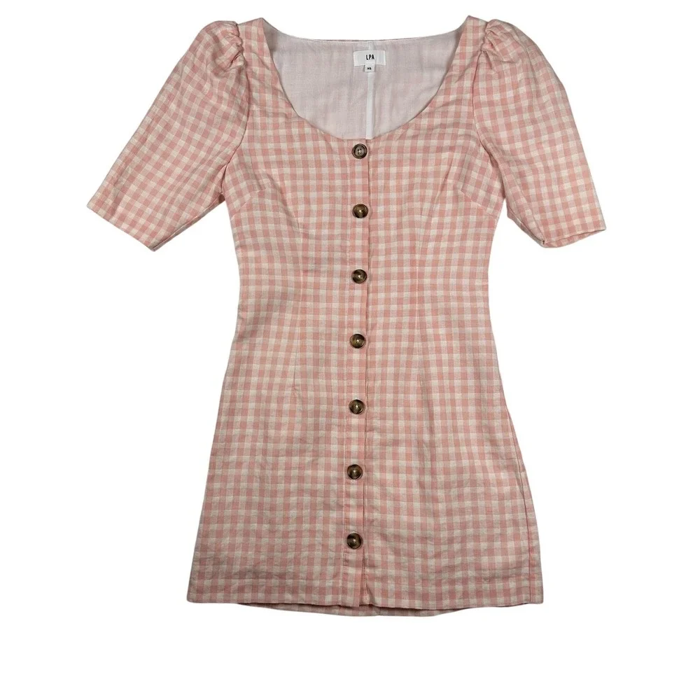 LPA Pink Gingham Mini‎ Dress Size XS Boho Indie Puff Sleeve Casual Cottagecore - Picture 3 of 10